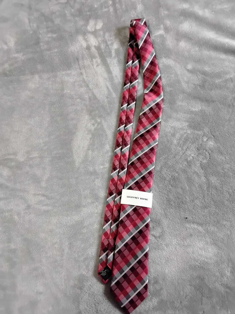 Geoffrey Beene Pink and Gray Plaid Silk Tie